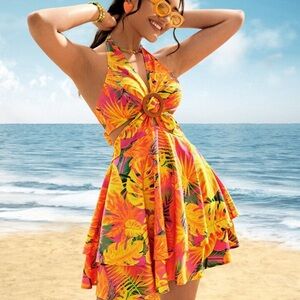 SHEIN tropical layered halter top dress